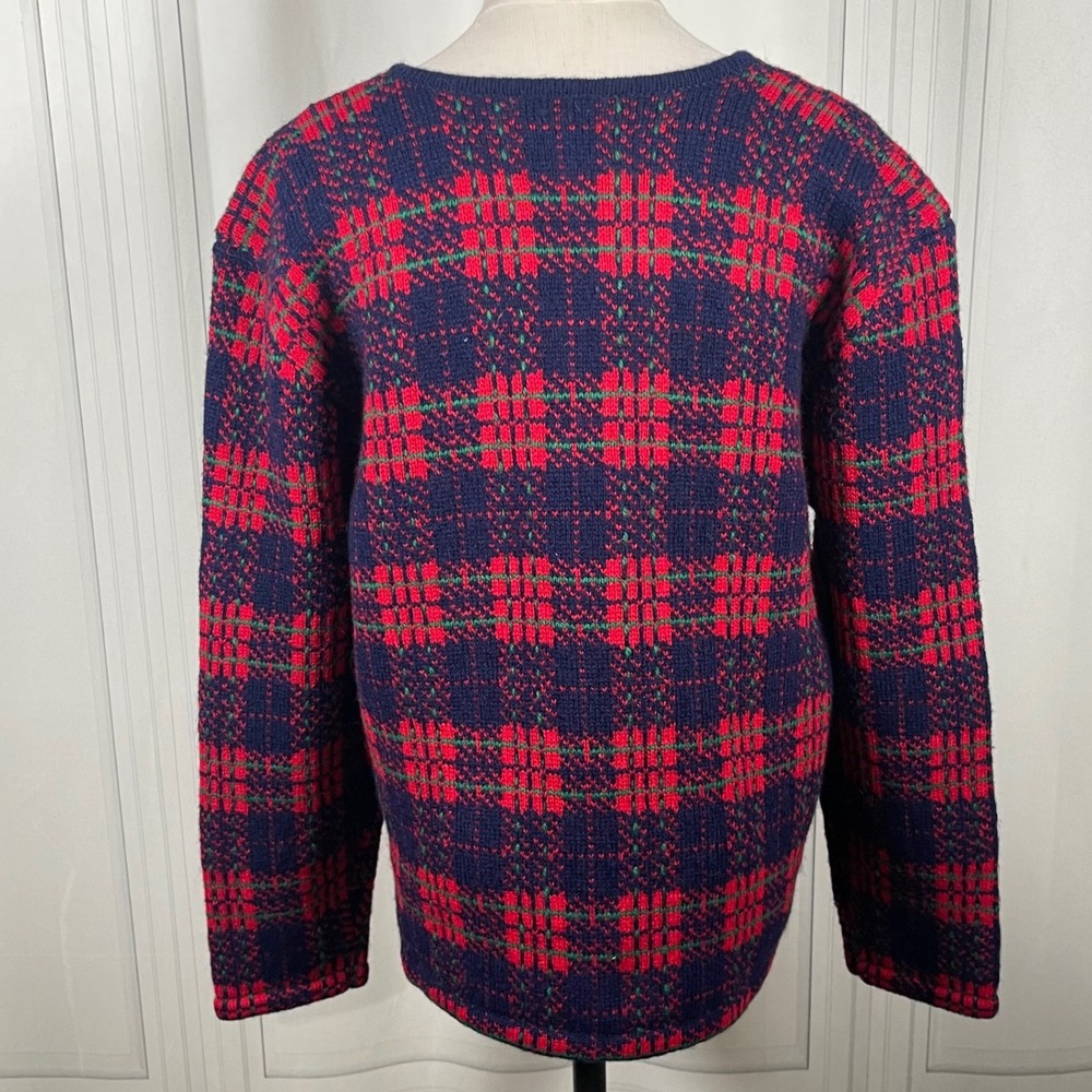 Vintage 90's Susan Bristol Wool Cardigan Sweater Plaid Knit Navy Red Green- L - Picture 7 of 16